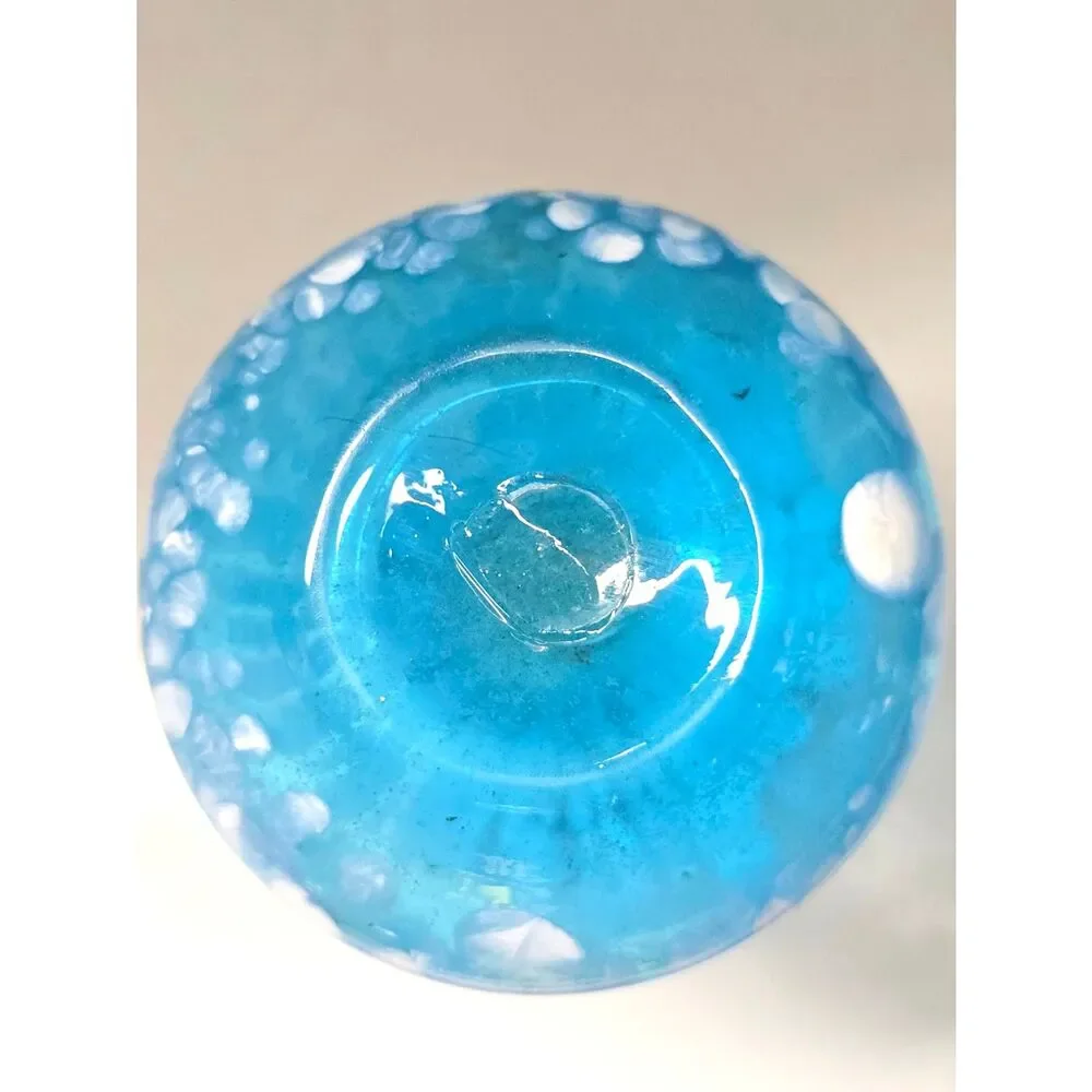 Vtg. Blue White Spatter Art Glass Bud Vase Applied Glass Wrap Hand Blown Ruffle